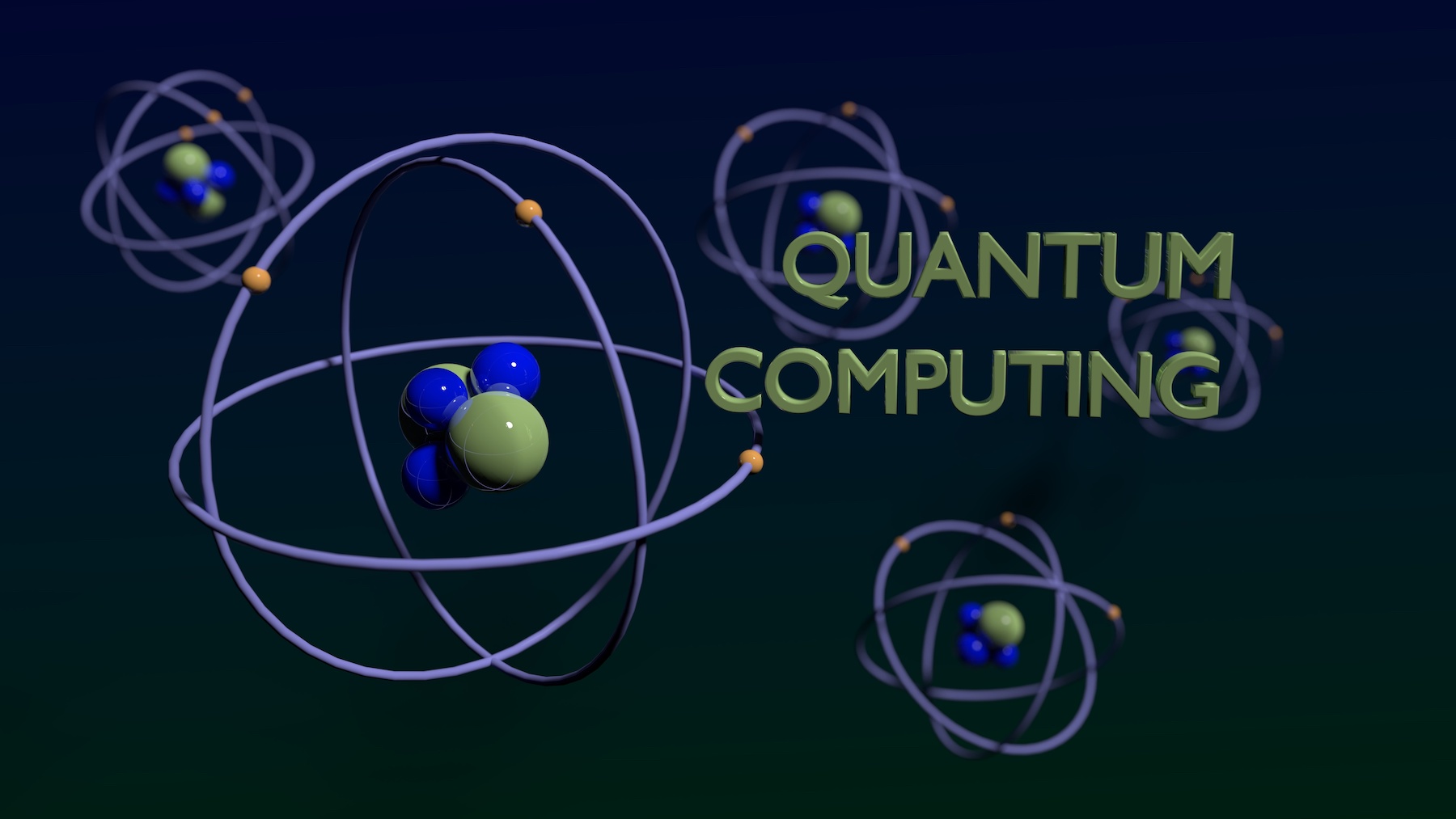 Quantum computing concept green and blue molecules on dark background